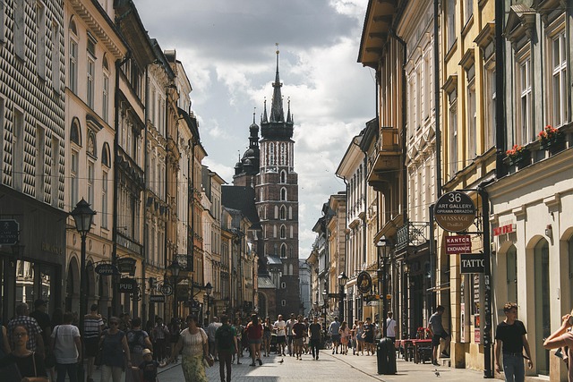 Street view towards St Mary's Basilica in Krakow
